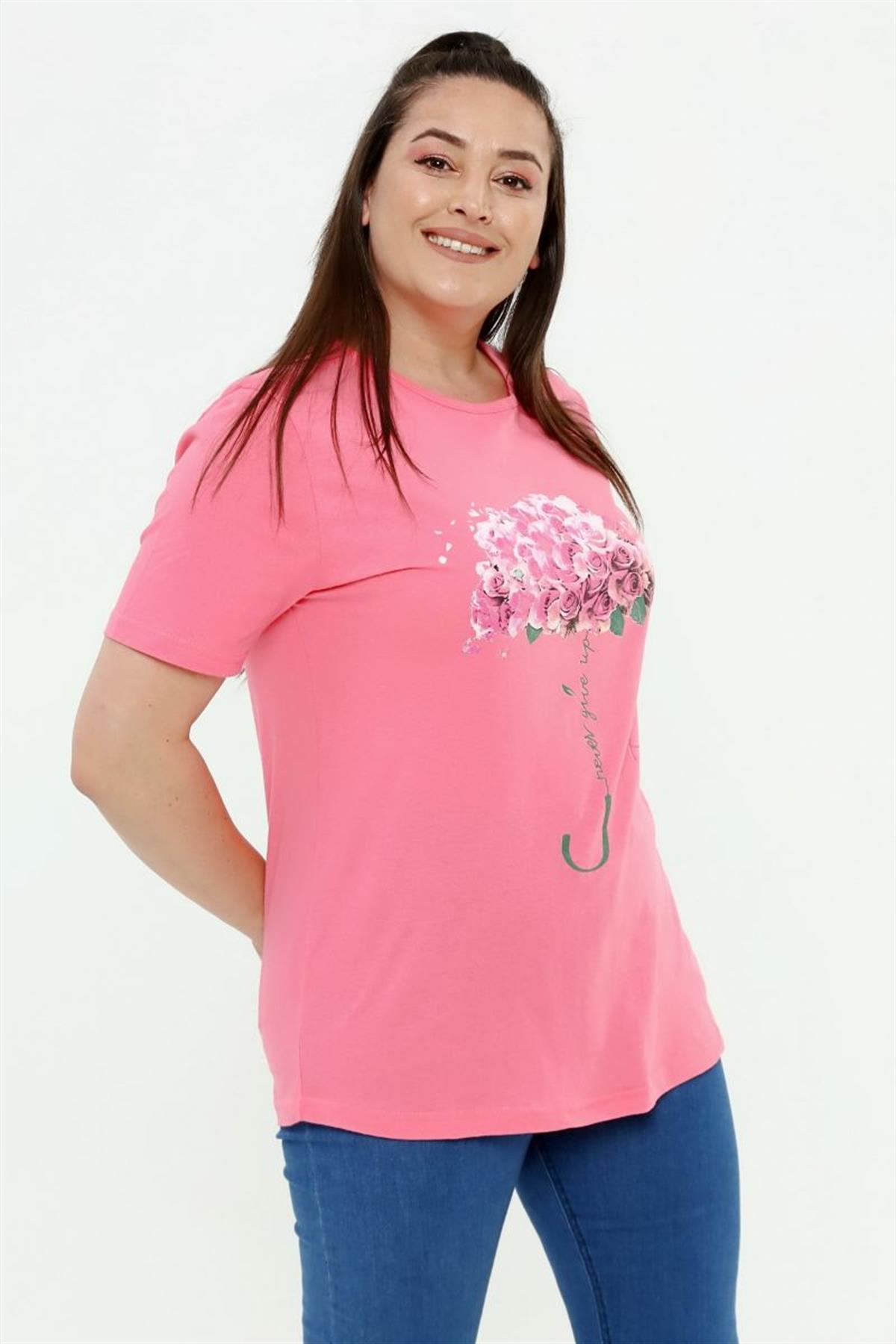 Tshirt Büyük Beden Çiçek Deste Baskılı Bisiklet Yaka T-Shirt Pembe