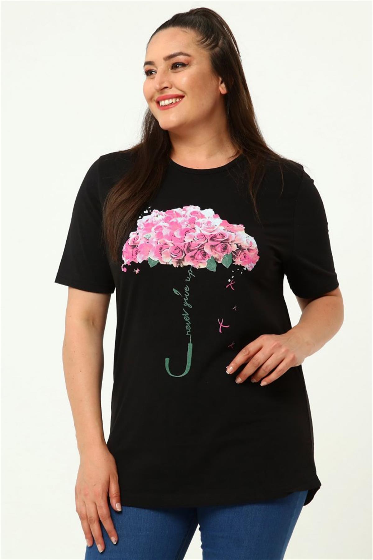 Tshirt Büyük Beden Çiçek Deste Baskılı Bisiklet Yaka T-Shirt Siyah