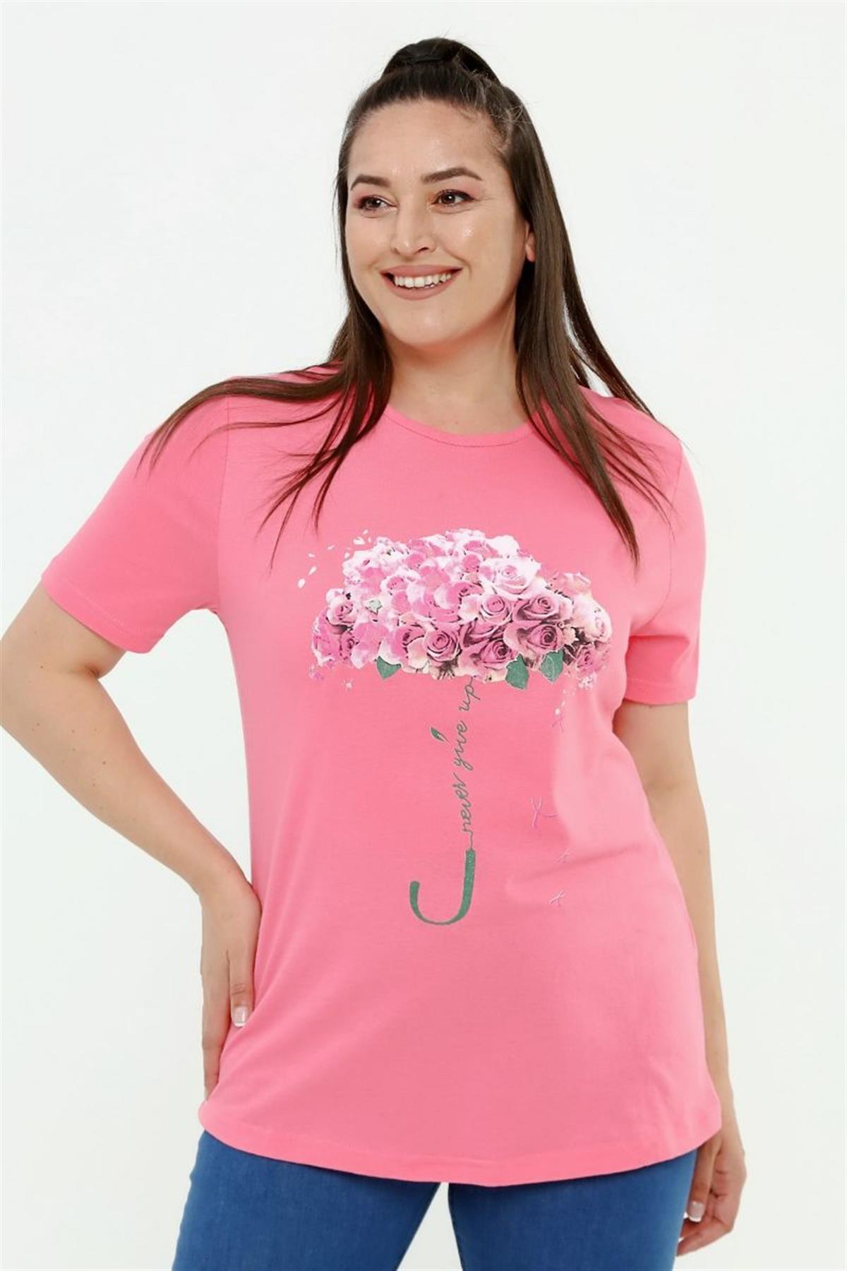 Tshirt Büyük Beden Çiçek Deste Baskılı Bisiklet Yaka T-Shirt Pembe