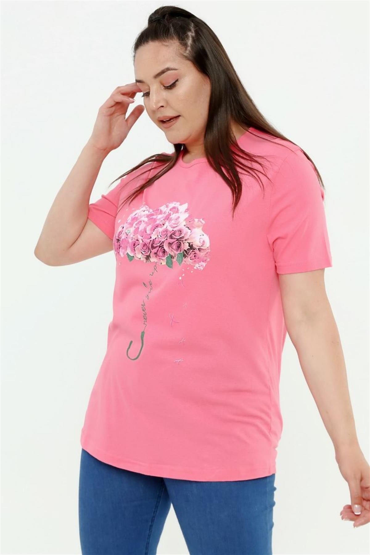 Tshirt Büyük Beden Çiçek Deste Baskılı Bisiklet Yaka T-Shirt Pembe