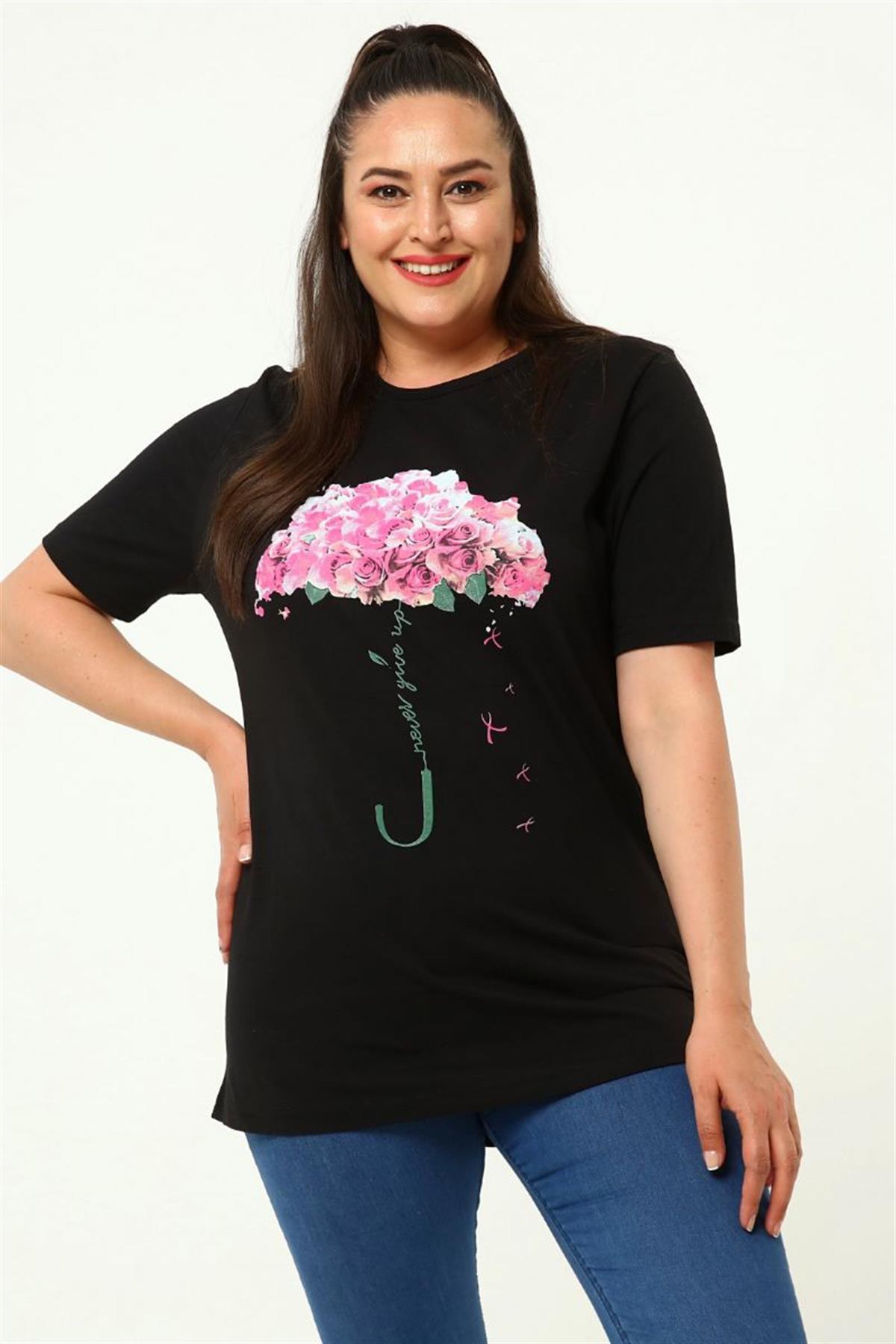 Tshirt Büyük Beden Çiçek Deste Baskılı Bisiklet Yaka T-Shirt Siyah