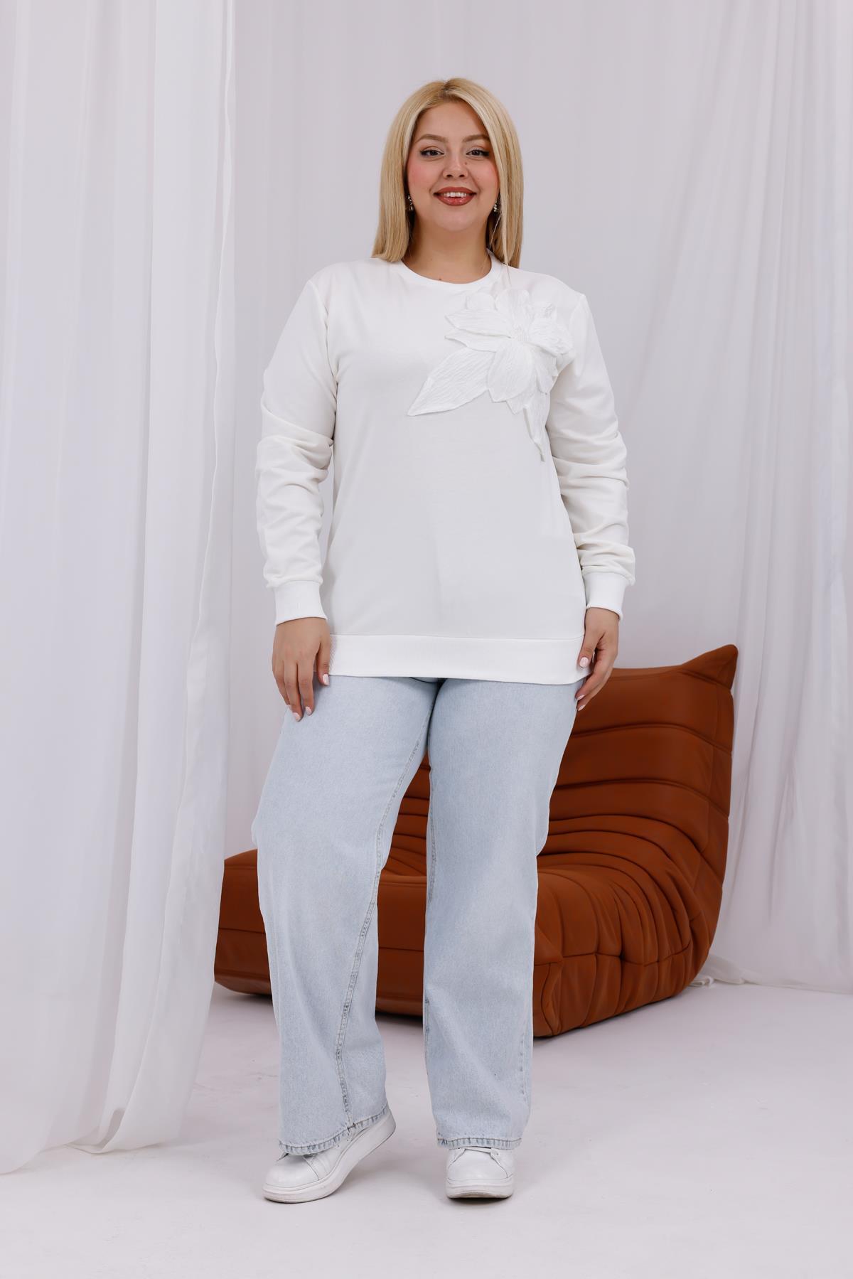 Uzun Kol Bluz Büyük Beden Çiçek Motifli Sweatshirt