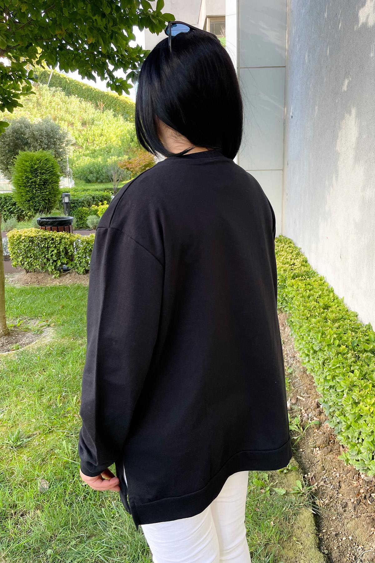 Sweatshirt Büyük Beden Çiçek Nakış Detaylı Oversize Sweatshirt Siyah