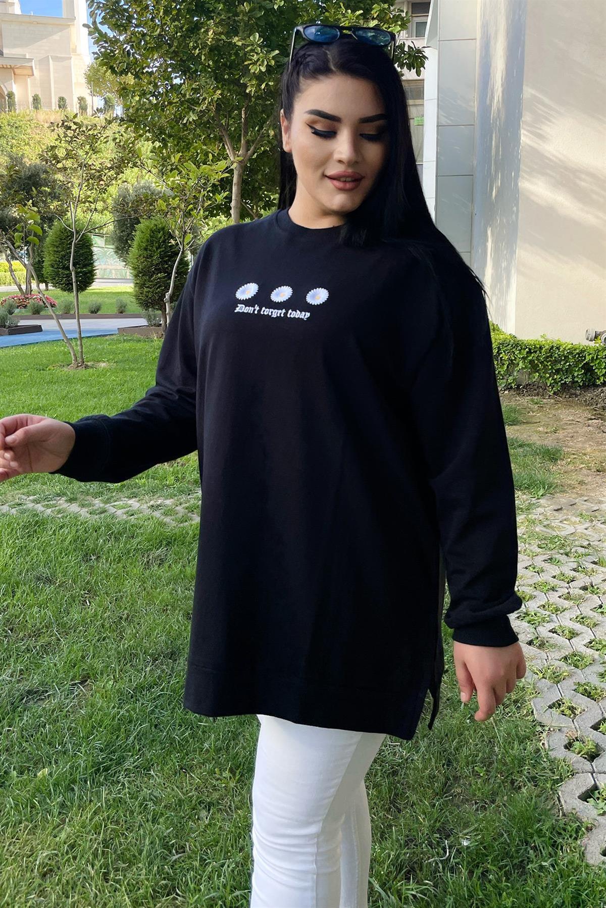 Sweatshirt Büyük Beden Çiçek Nakış Detaylı Oversize Sweatshirt Siyah