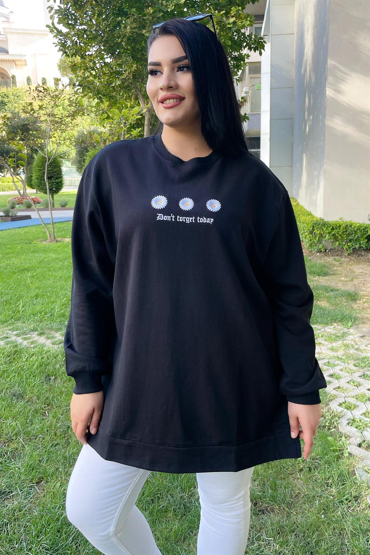 Sweatshirt Büyük Beden Çiçek Nakış Detaylı Oversize Sweatshirt Siyah