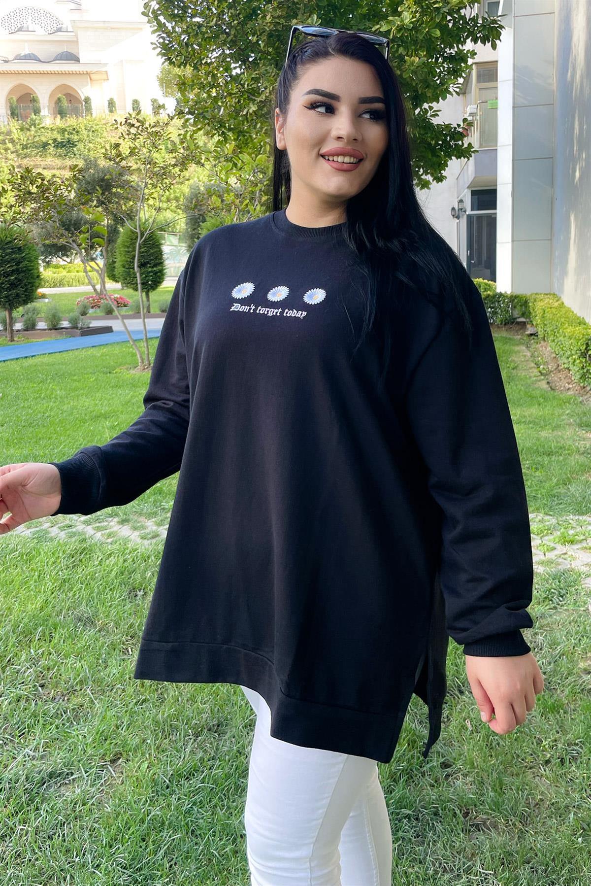 Sweatshirt Büyük Beden Çiçek Nakış Detaylı Oversize Sweatshirt Siyah