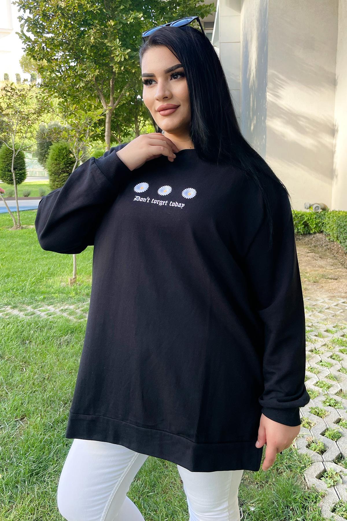 Sweatshirt Büyük Beden Çiçek Nakış Detaylı Oversize Sweatshirt Siyah