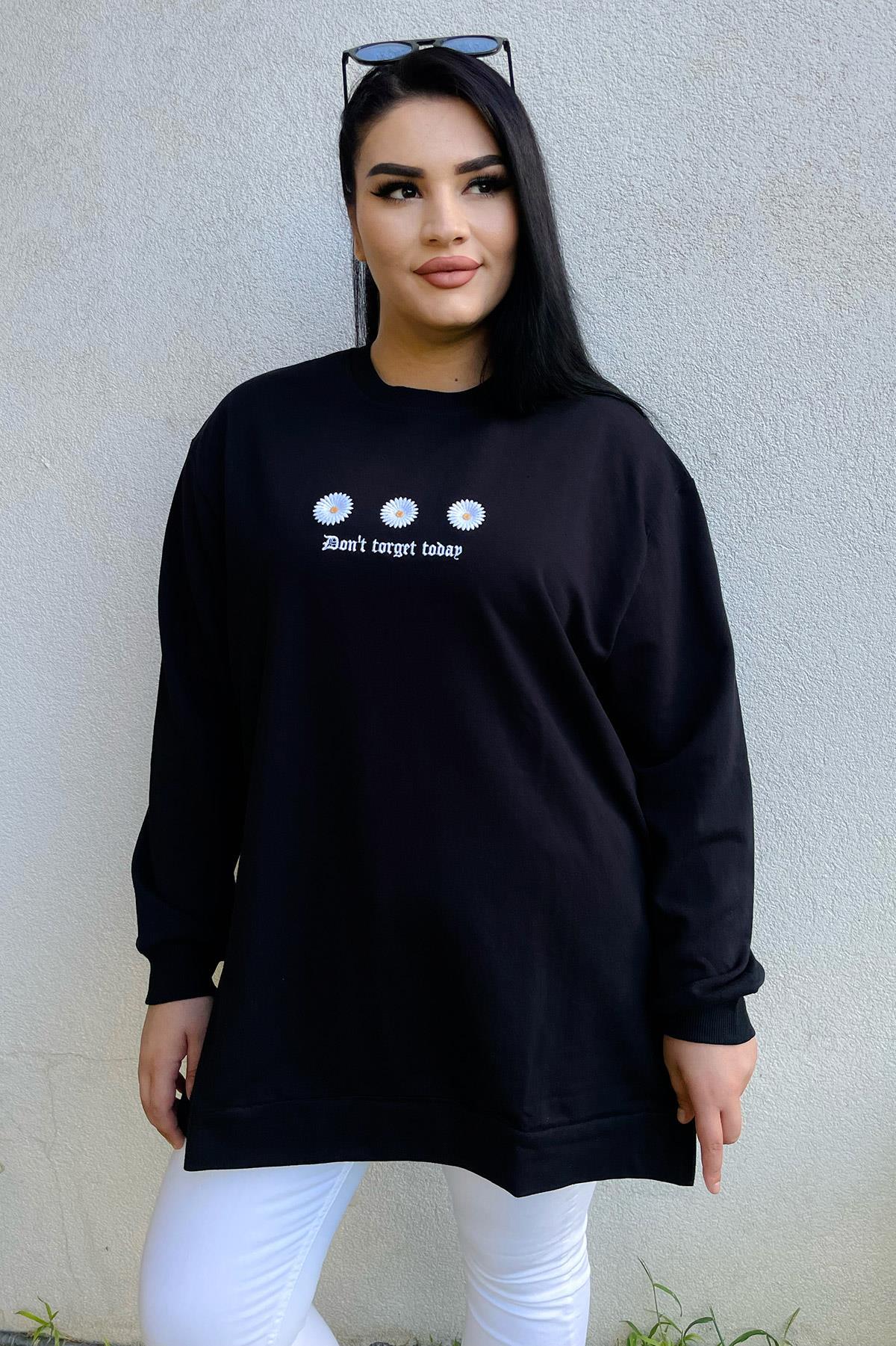Sweatshirt Büyük Beden Çiçek Nakış Detaylı Oversize Sweatshirt Siyah
