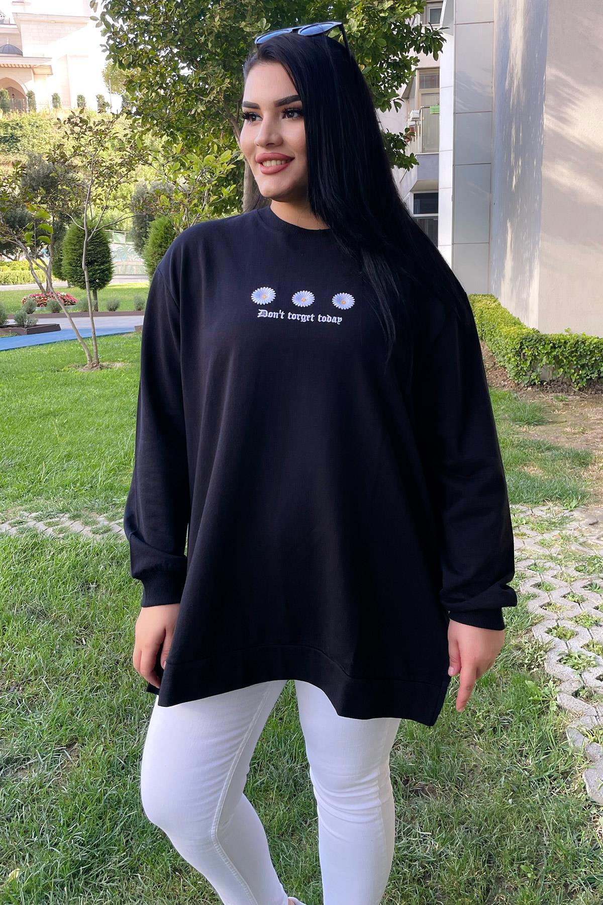 Sweatshirt Büyük Beden Çiçek Nakış Detaylı Oversize Sweatshirt Siyah
