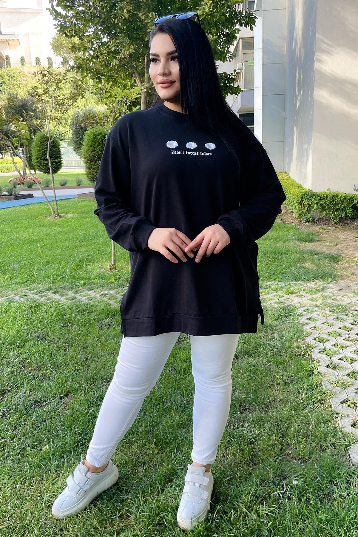 Sweatshirt Büyük Beden Çiçek Nakış Detaylı Oversize Sweatshirt Siyah