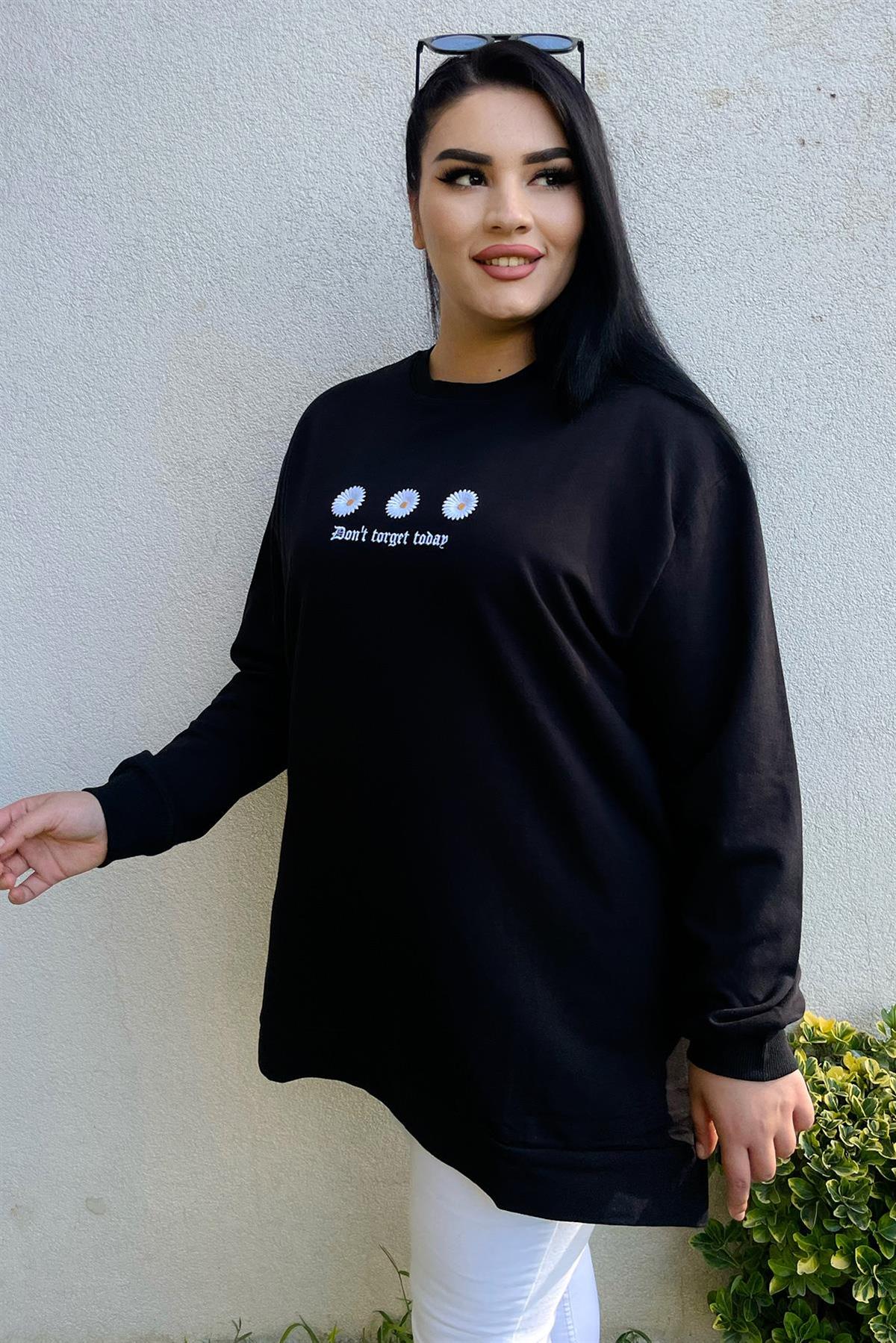 Sweatshirt Büyük Beden Çiçek Nakış Detaylı Oversize Sweatshirt Siyah