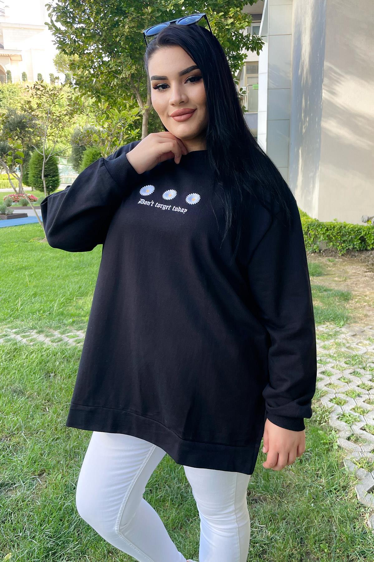 Sweatshirt Büyük Beden Çiçek Nakış Detaylı Oversize Sweatshirt Siyah