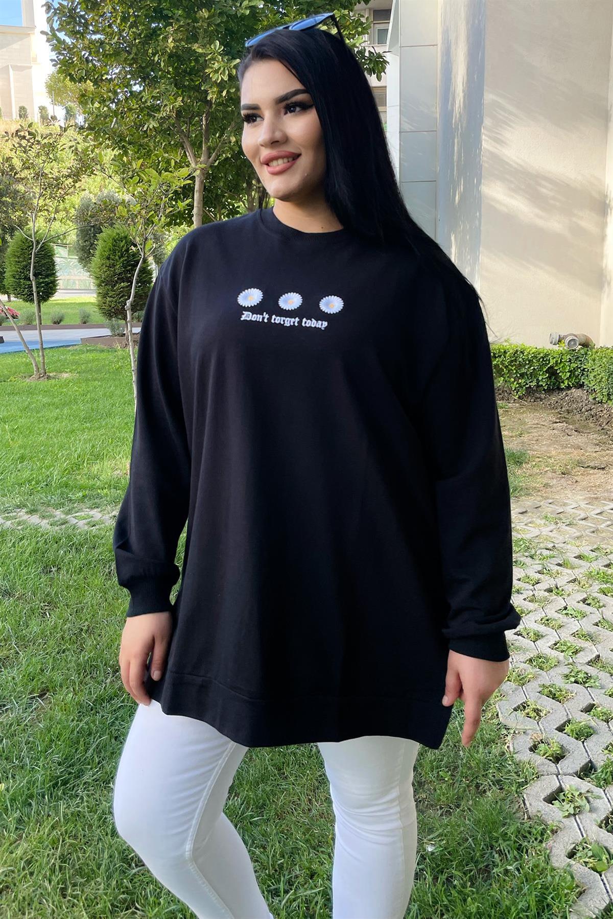 Sweatshirt Büyük Beden Çiçek Nakış Detaylı Oversize Sweatshirt Siyah