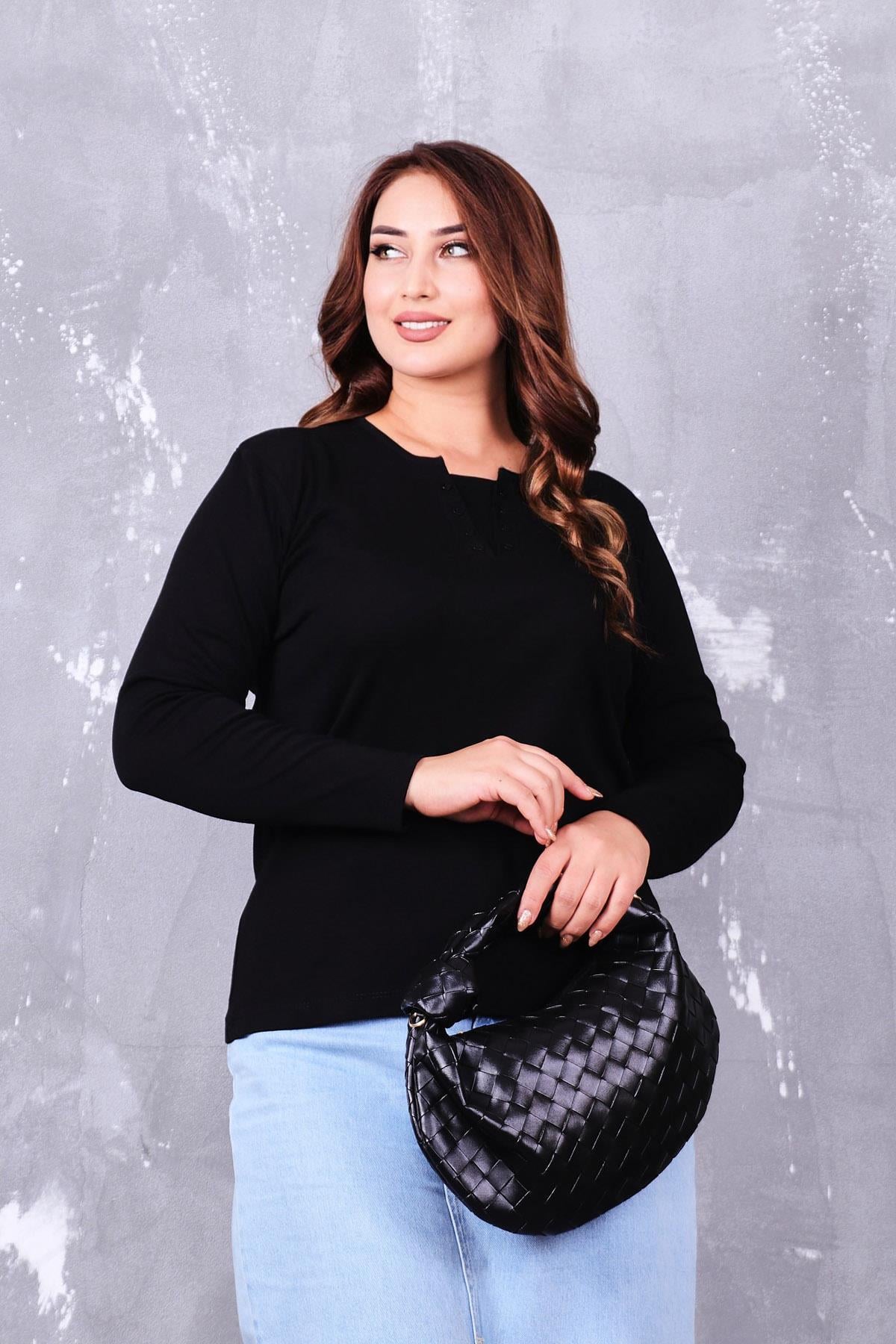 Uzun Kol Bluz Büyük Beden Çift Düğme Detaylı Basıc Bluz