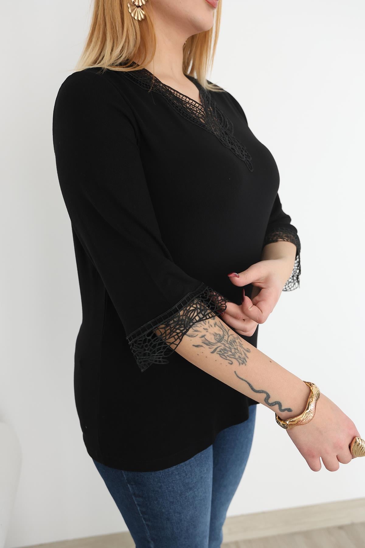 Kısa Kol Bluz Büyük Beden Çilek Kumaş Dantelli Kapri Kol Bluz