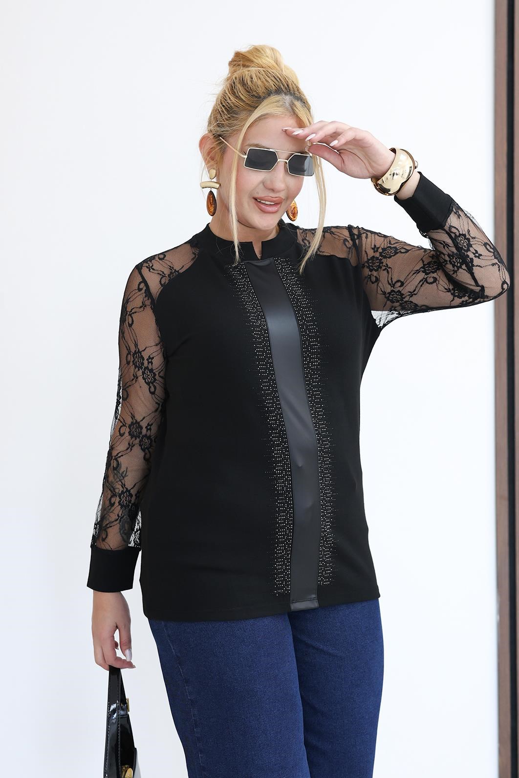 Uzun Kol Bluz Büyük Beden Dantel Detaylı Bluz