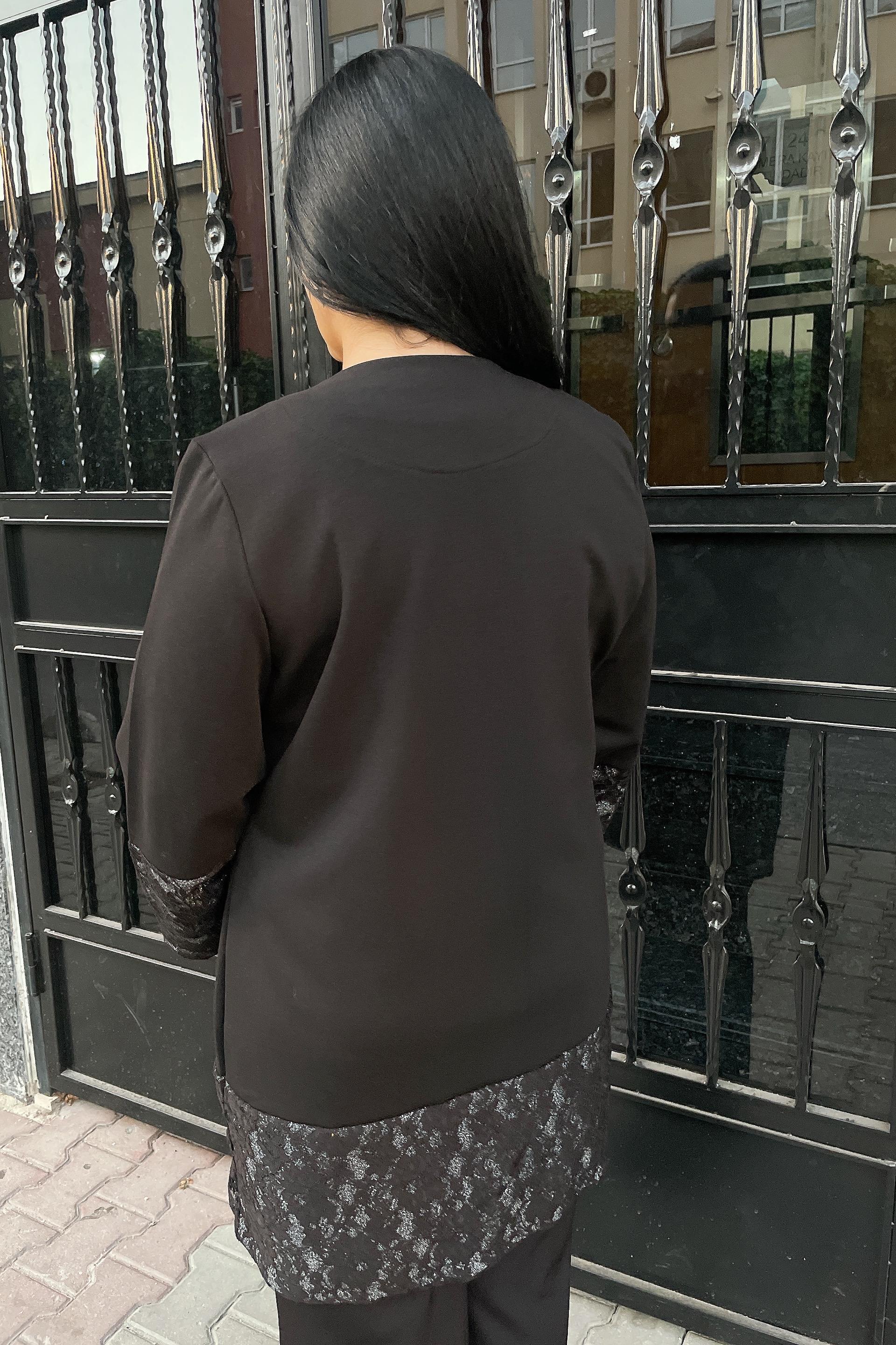 Ceket Büyük Beden Dantel Detaylı Cepli Ceket Siyah