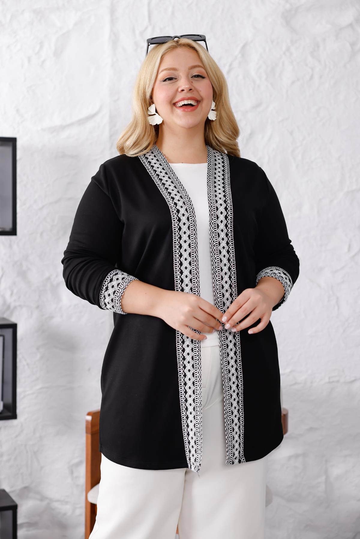 Hırka Büyük Beden Dantel Şerit Detaylı Hırka