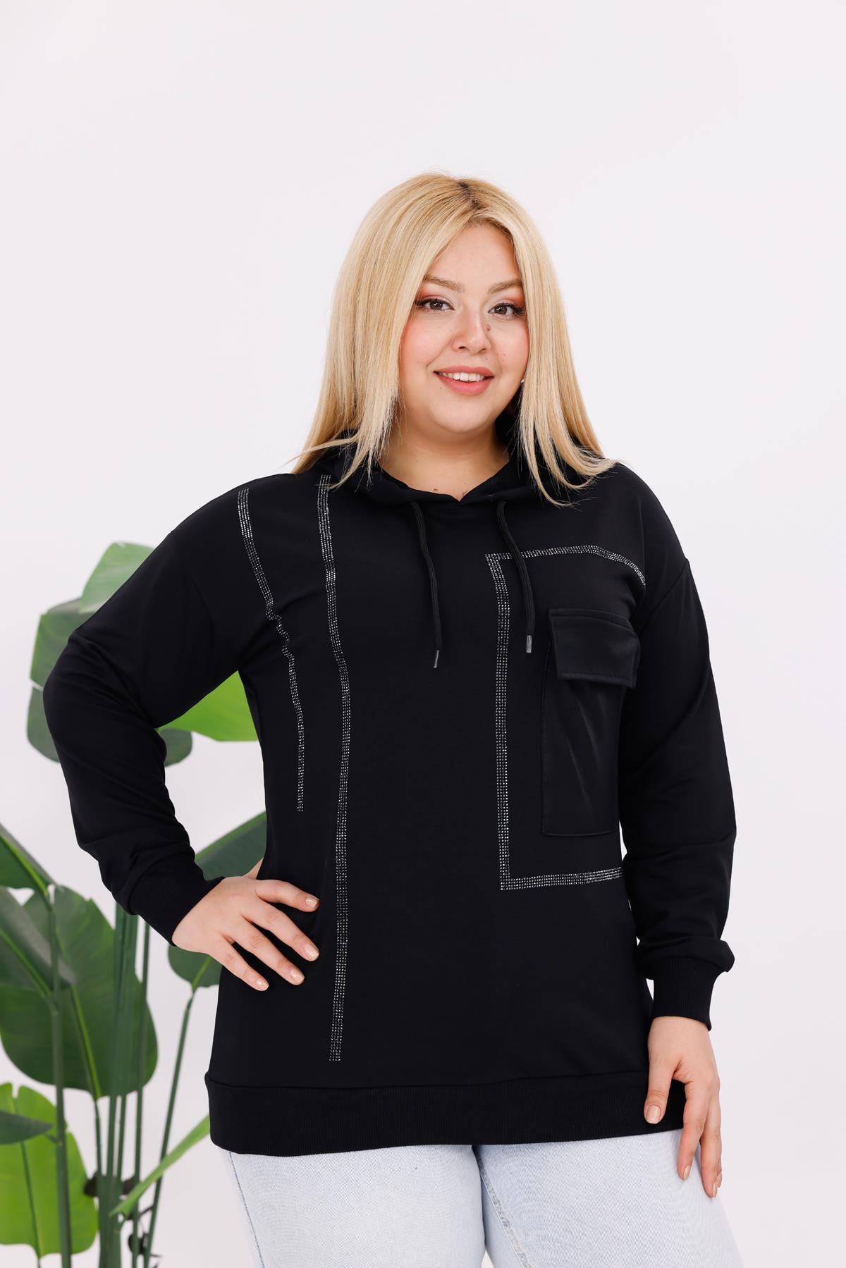 Sweatshirt Büyük Beden Deri Cepli Sweatshirt