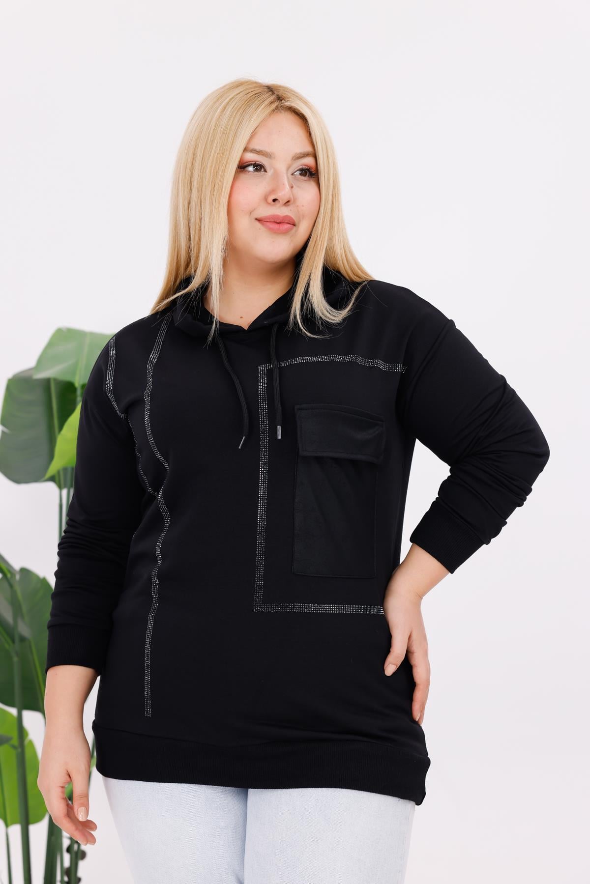 Sweatshirt Büyük Beden Deri Cepli Sweatshirt