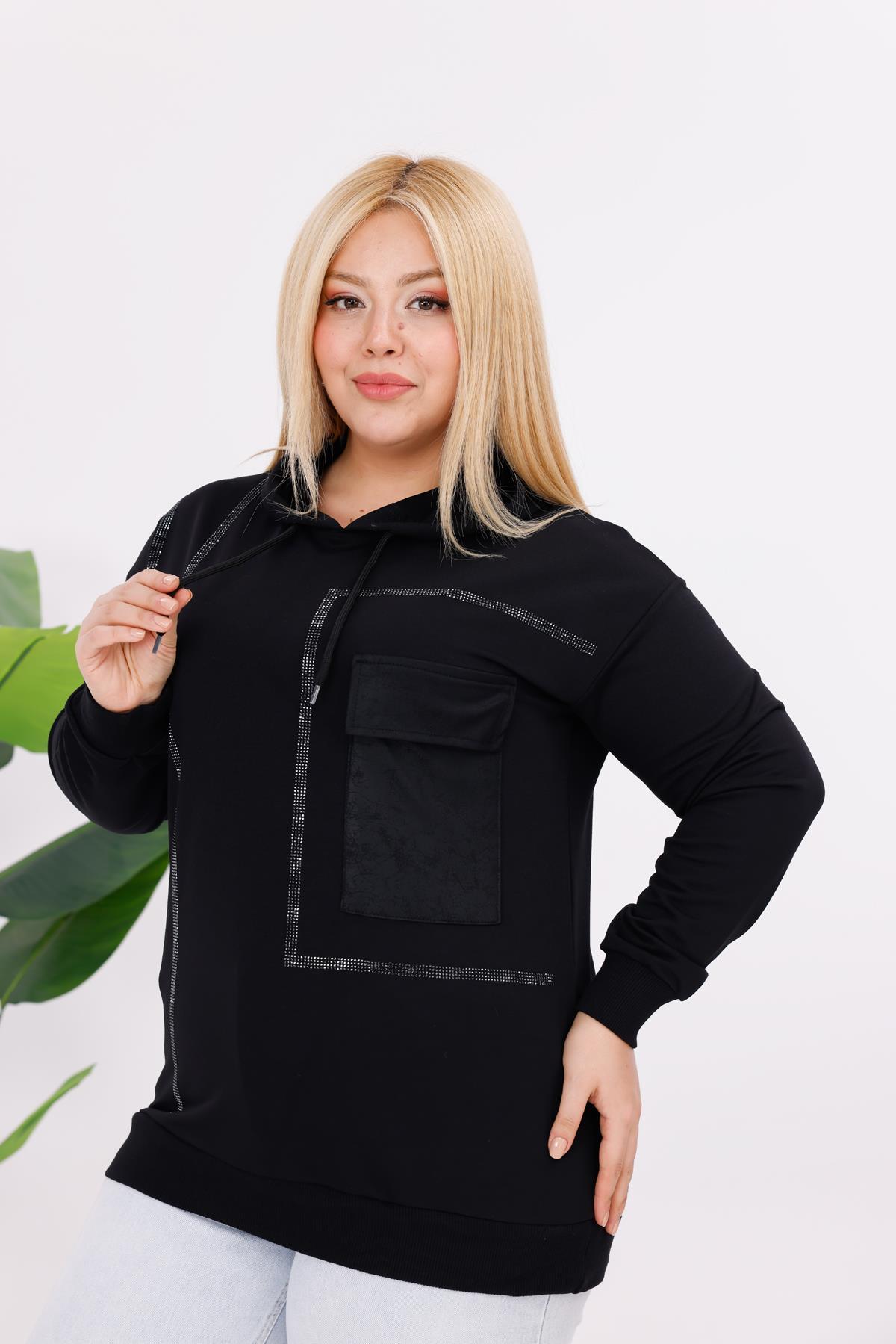 Sweatshirt Büyük Beden Deri Cepli Sweatshirt