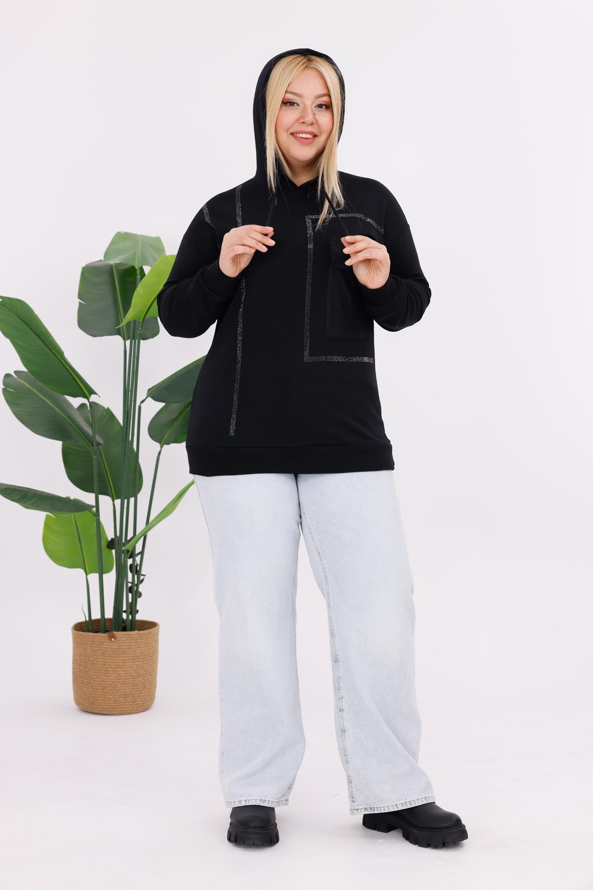 Sweatshirt Büyük Beden Deri Cepli Sweatshirt