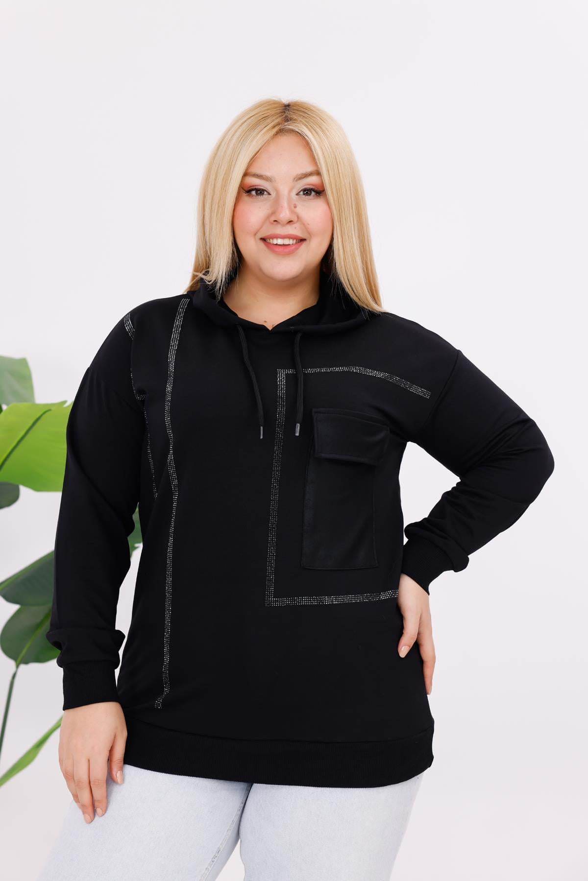 Sweatshirt Büyük Beden Deri Cepli Sweatshirt
