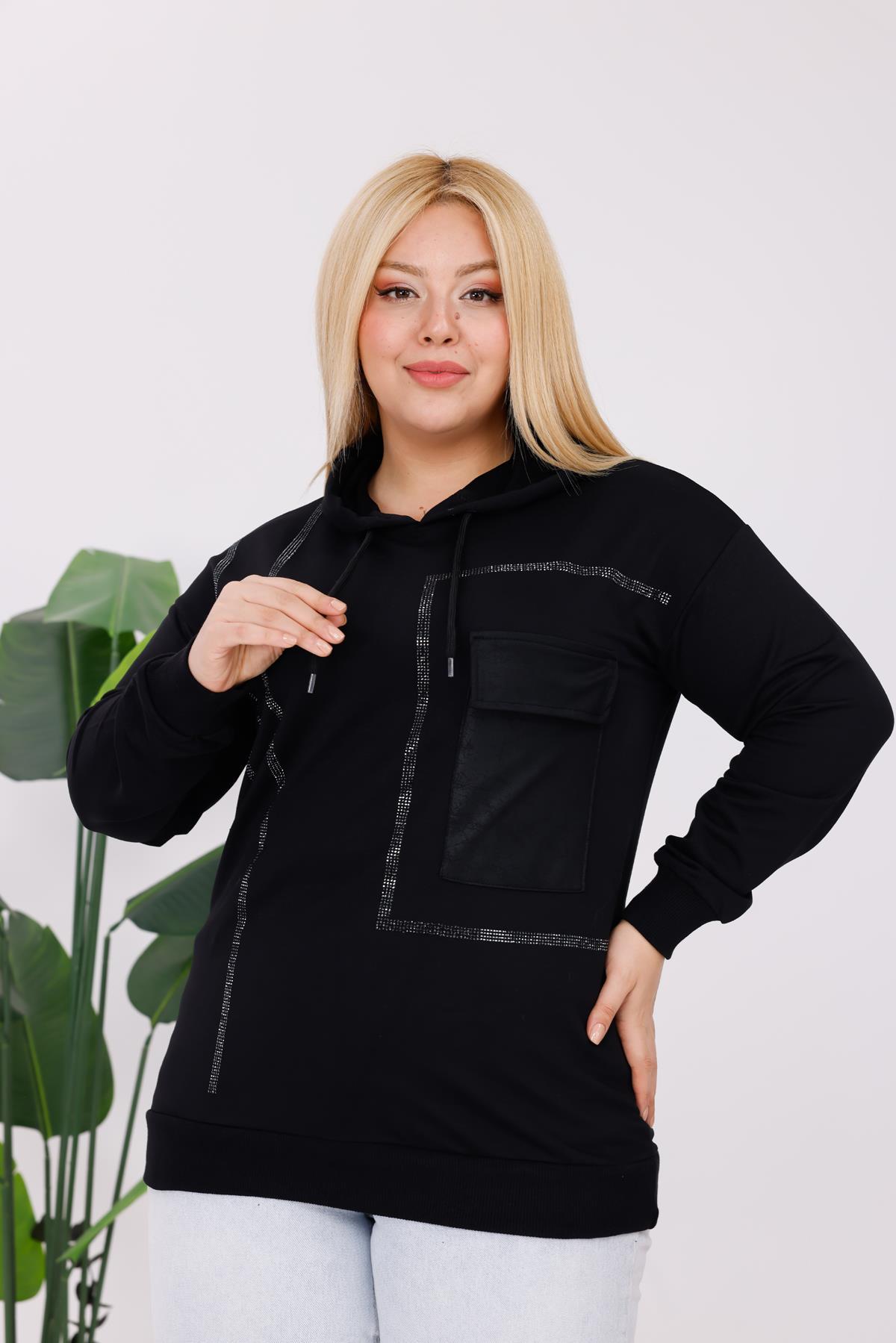 Sweatshirt Büyük Beden Deri Cepli Sweatshirt