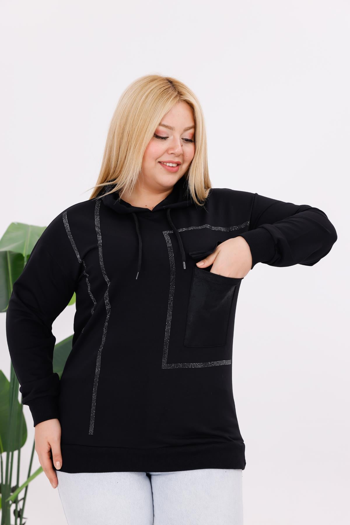 Sweatshirt Büyük Beden Deri Cepli Sweatshirt