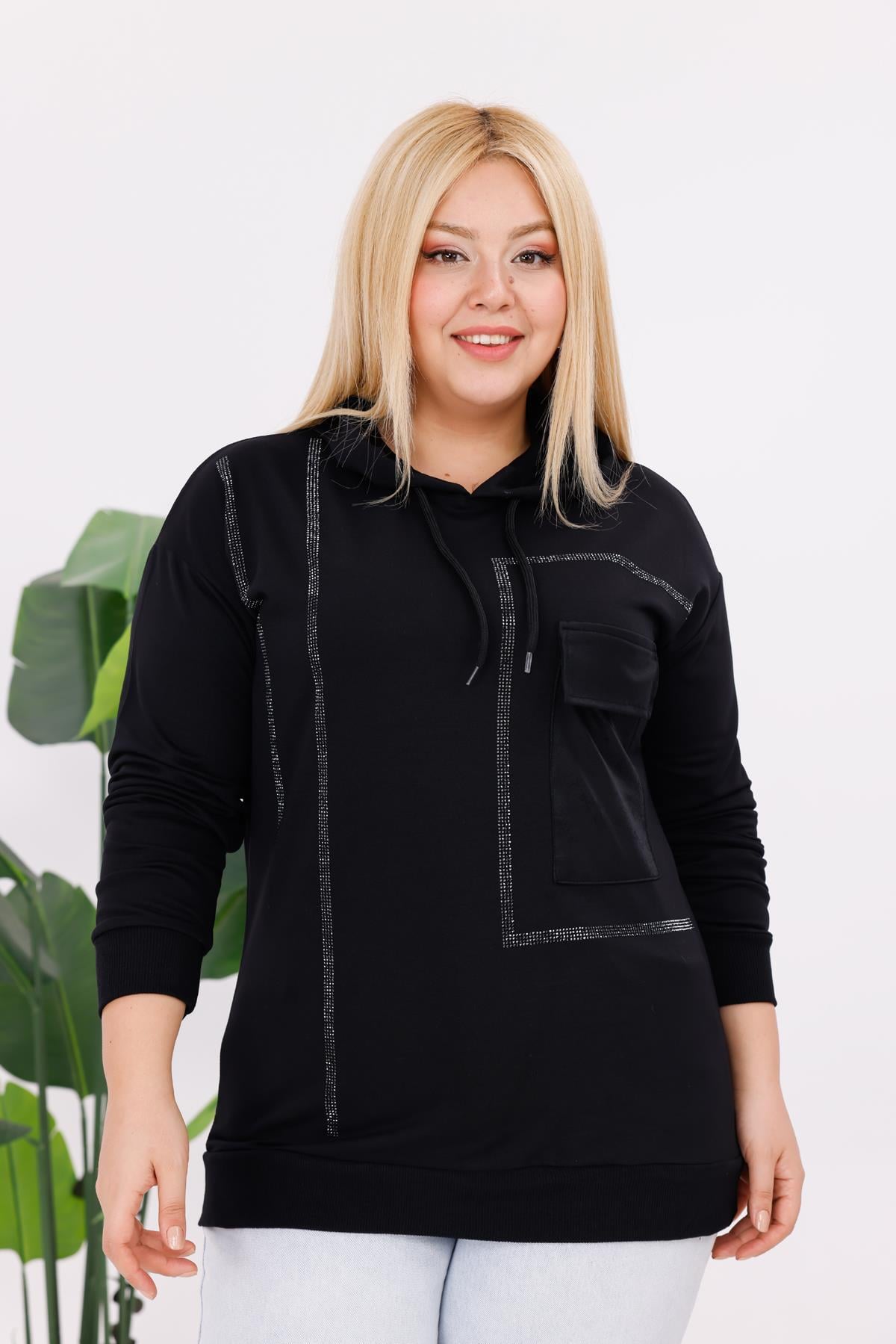 Sweatshirt Büyük Beden Deri Cepli Sweatshirt