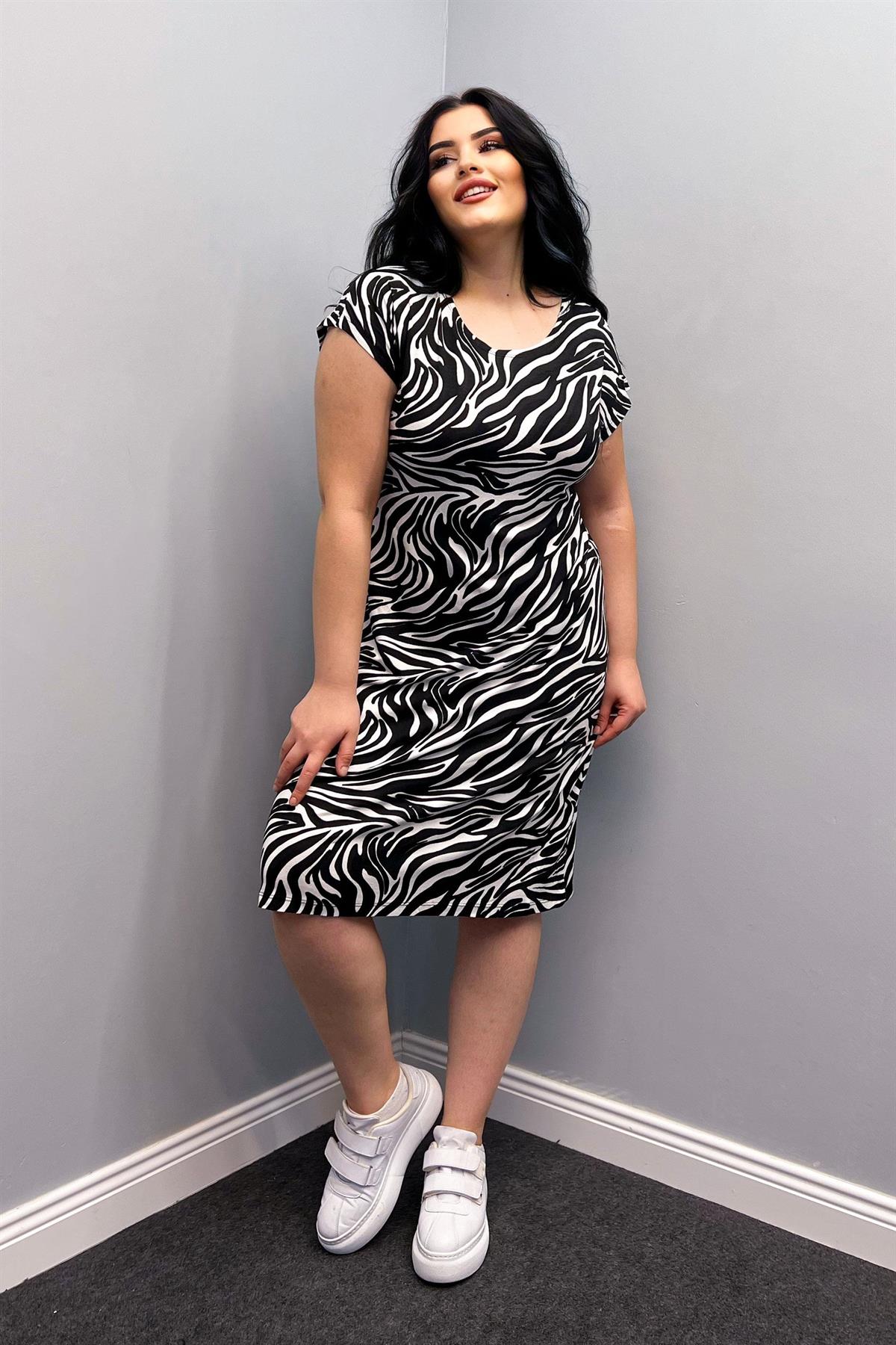 Elbise Büyük Beden Desenli Yarasa Kol Elbise Zebra