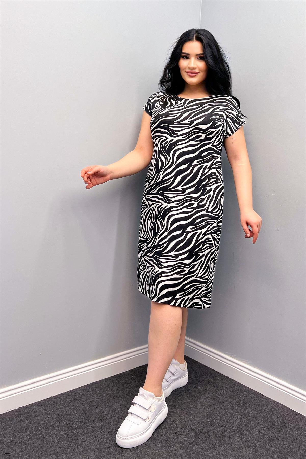Elbise Büyük Beden Desenli Yarasa Kol Elbise Zebra