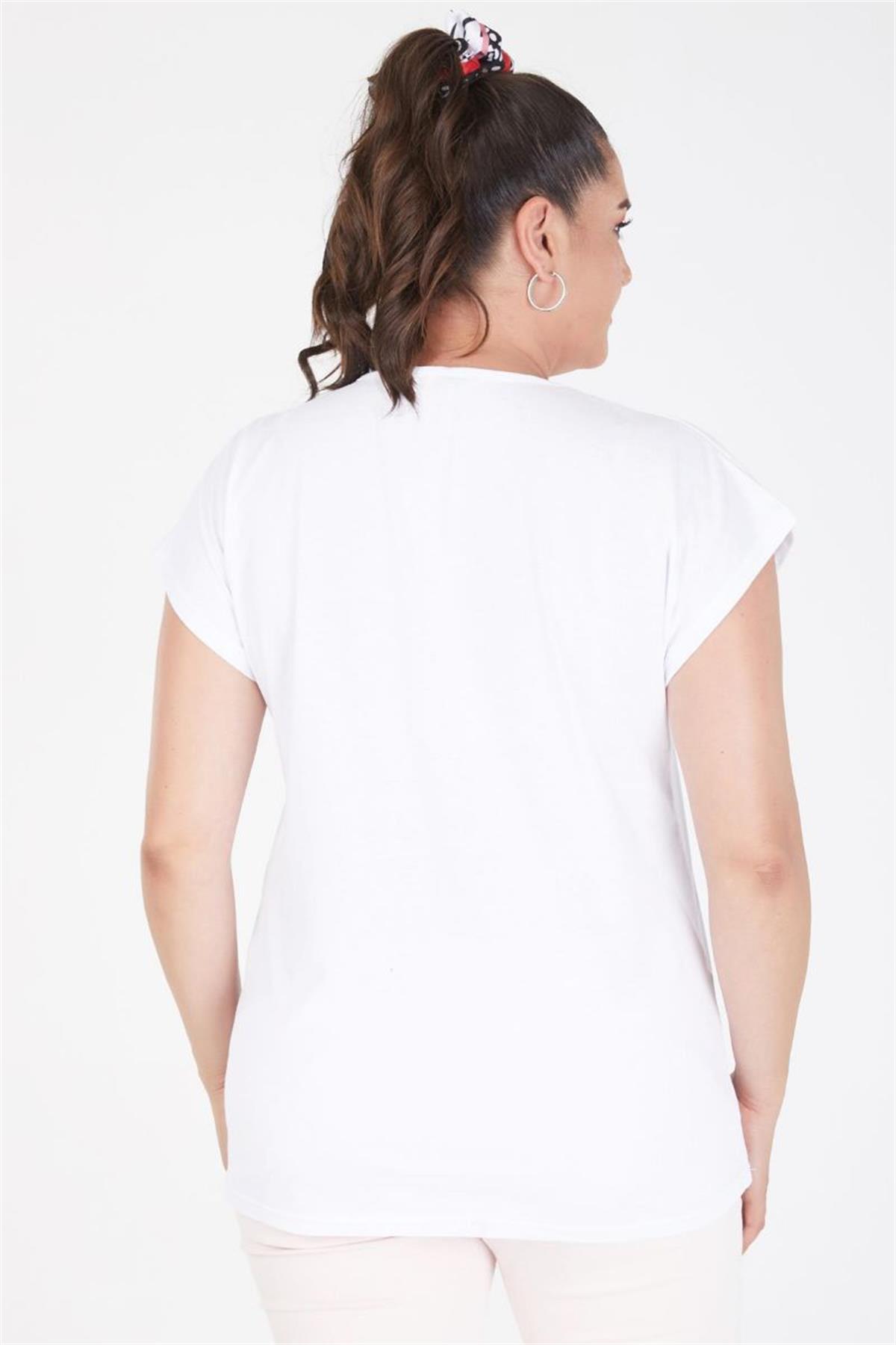 Tshirt Büyük Beden Dijital Yazı Baskılı Yarasa Kol T-Shirt Beyaz