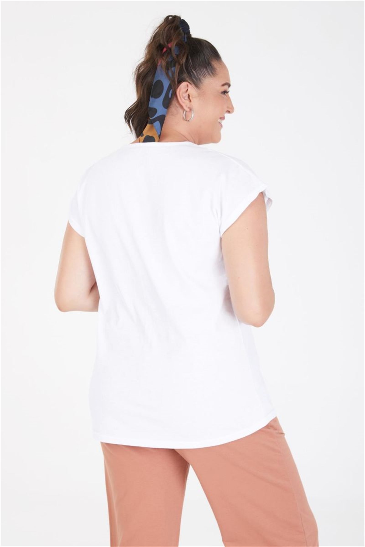 Tshirt Büyük Beden Doğa Baskılı Yarasa Kol T-Shirt Beyaz