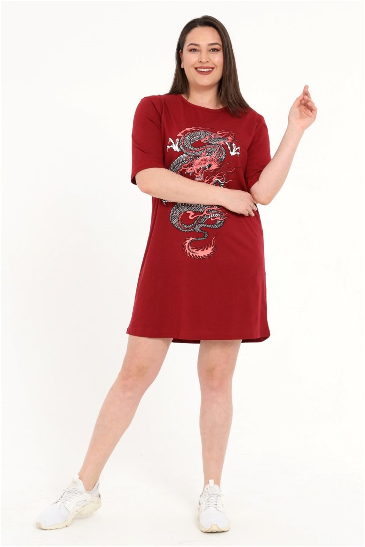 Tshirt Büyük Beden Dragon Baskılı Tunik T-Shirt Bordo
