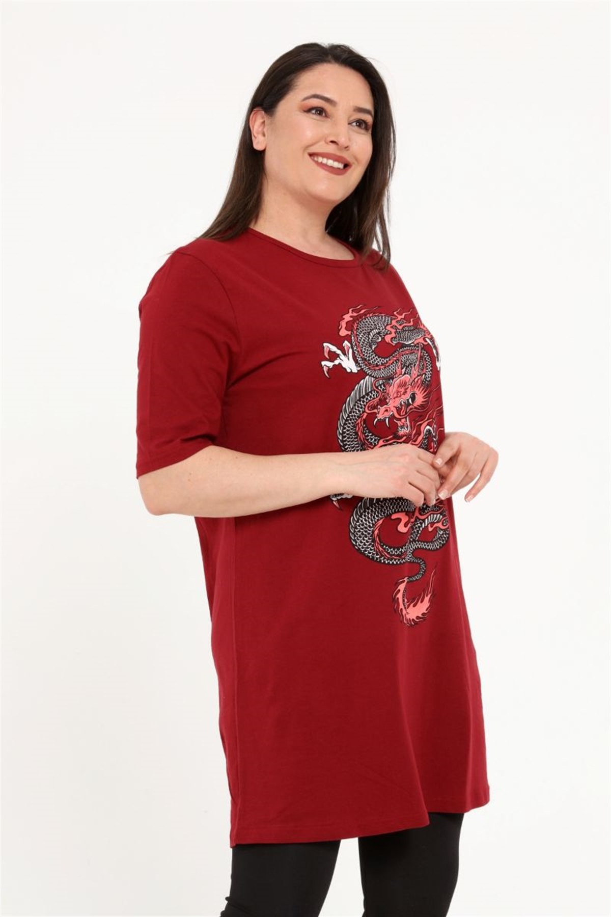 Tshirt Büyük Beden Dragon Baskılı Tunik T-Shirt Bordo