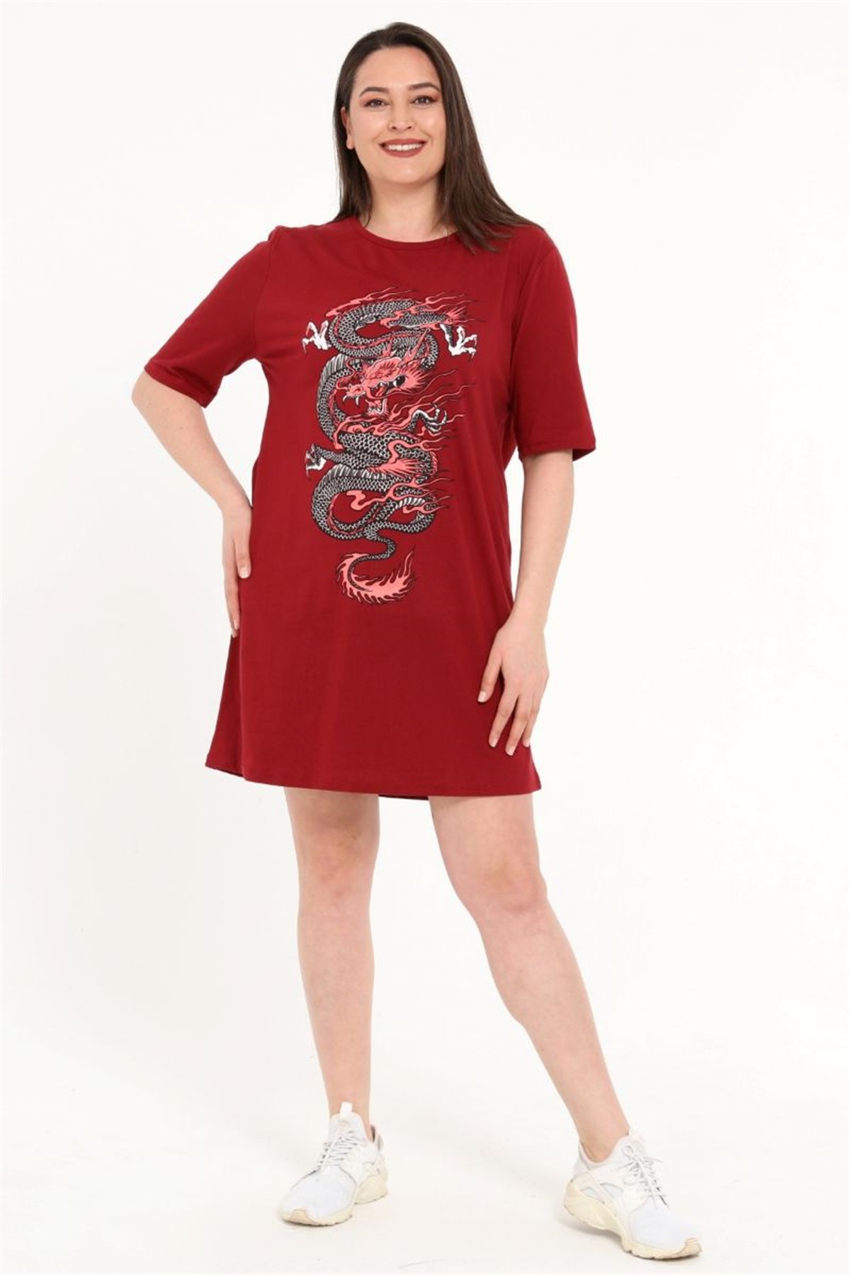 Tshirt Büyük Beden Dragon Baskılı Tunik T-Shirt Bordo