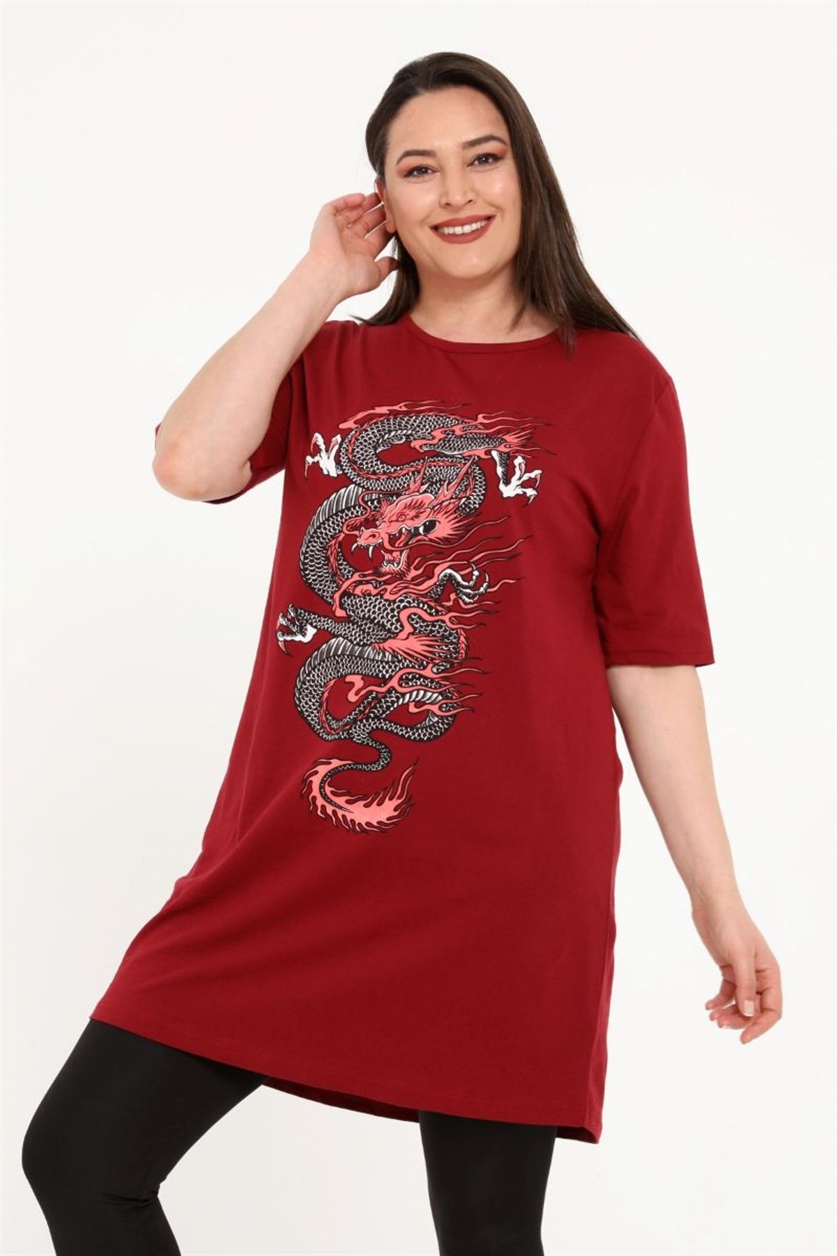 Tshirt Büyük Beden Dragon Baskılı Tunik T-Shirt Bordo