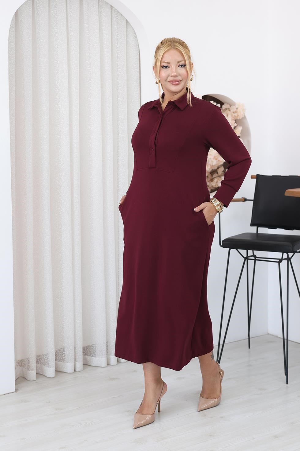 Elbise Büyük Beden Düğme Detaylı Modal Kumaş Takım