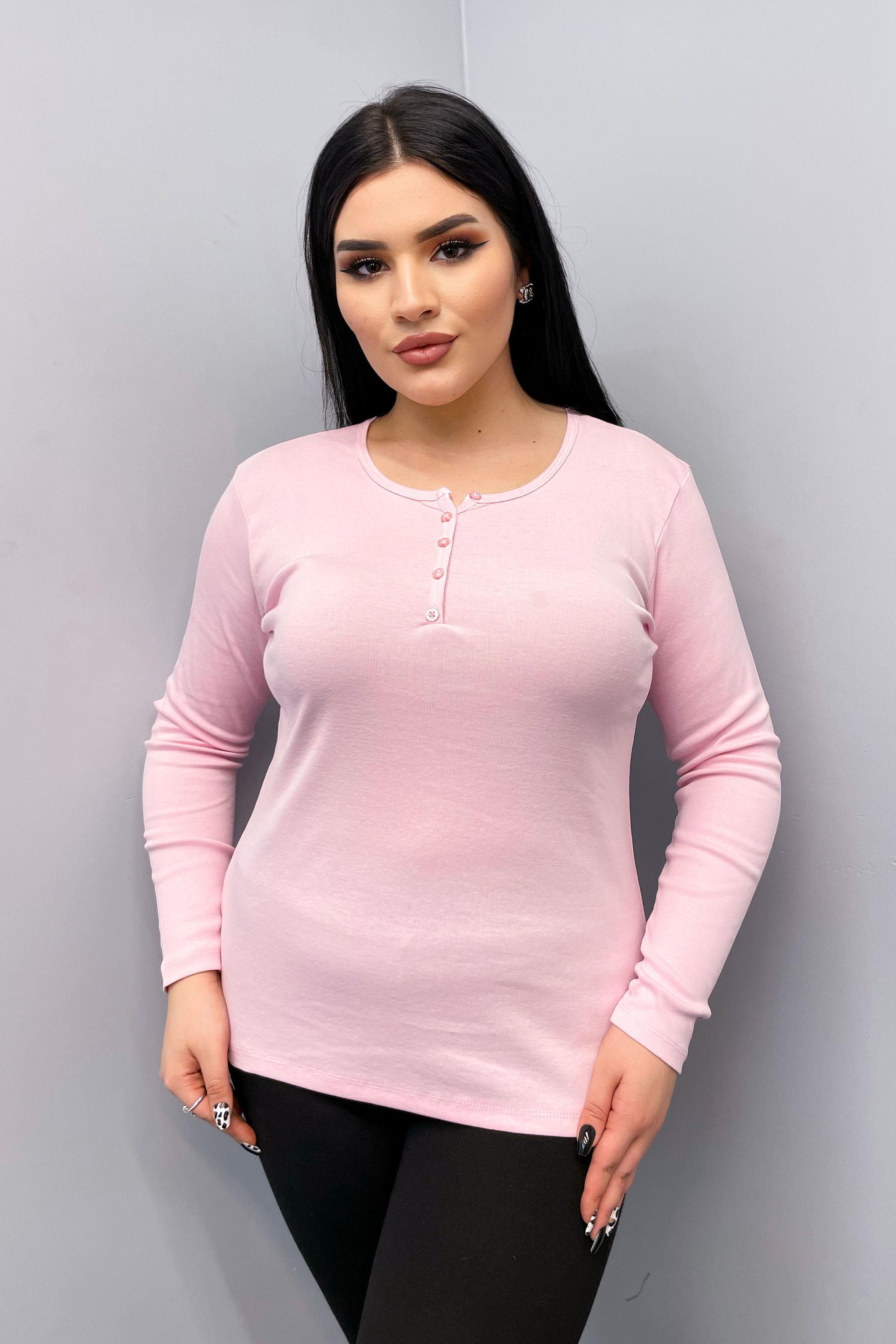 Bluz Büyük Beden Düğme Detaylı Pamuklu Bluz Buz Pembesi
