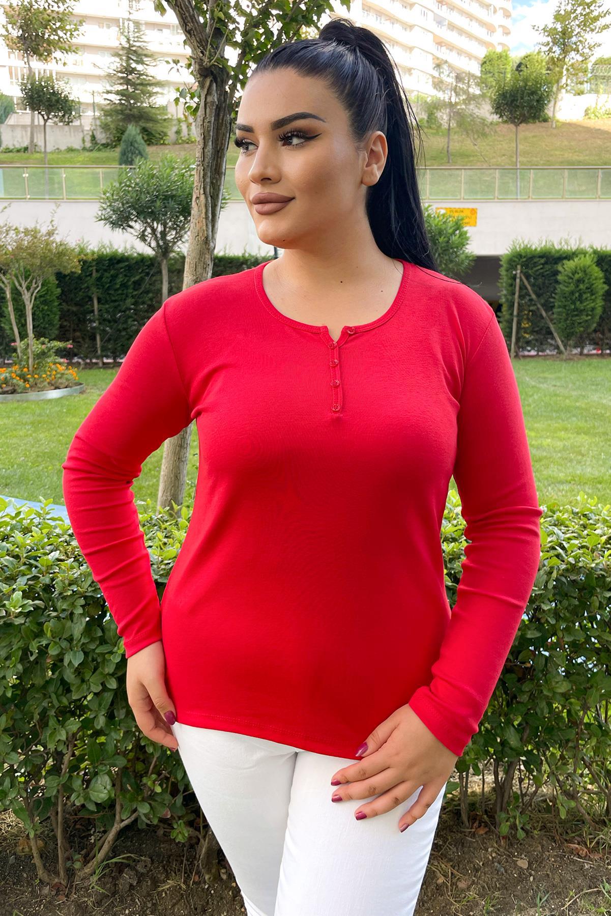 Bluz Büyük Beden Düğme Detaylı Pamuklu Bluz Kırmızı
