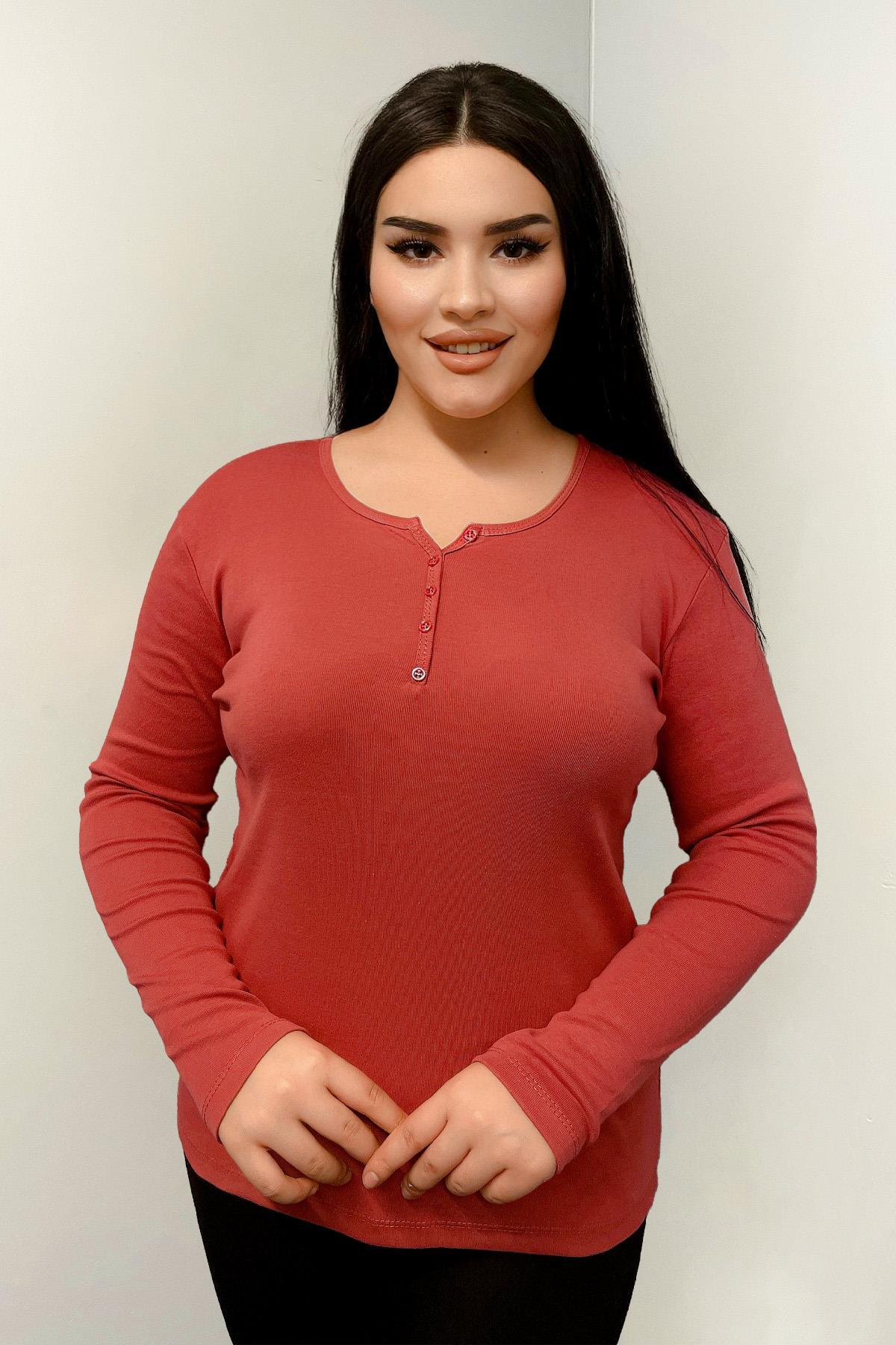 Bluz Büyük Beden Düğme Detaylı Pamuklu Bluz Gül Kurusu
