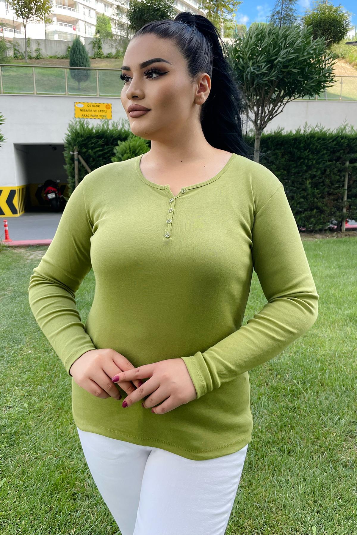 Bluz Büyük Beden Düğme Detaylı Pamuklu Bluz Yağ Yeşili