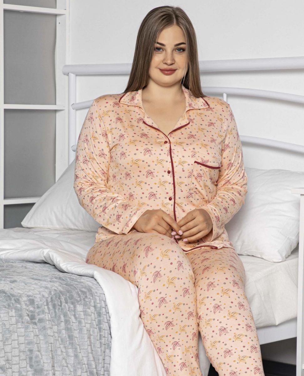 Pijama Takımı Büyük Beden Düğmeli Cepli Maskülen Pijama Takımı Pudra