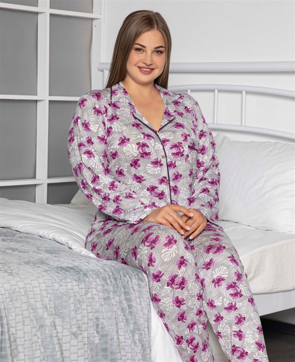 Pijama Takımı Büyük Beden Düğmeli Çicekli Cepli Maskülen Pijama Takımı Mor