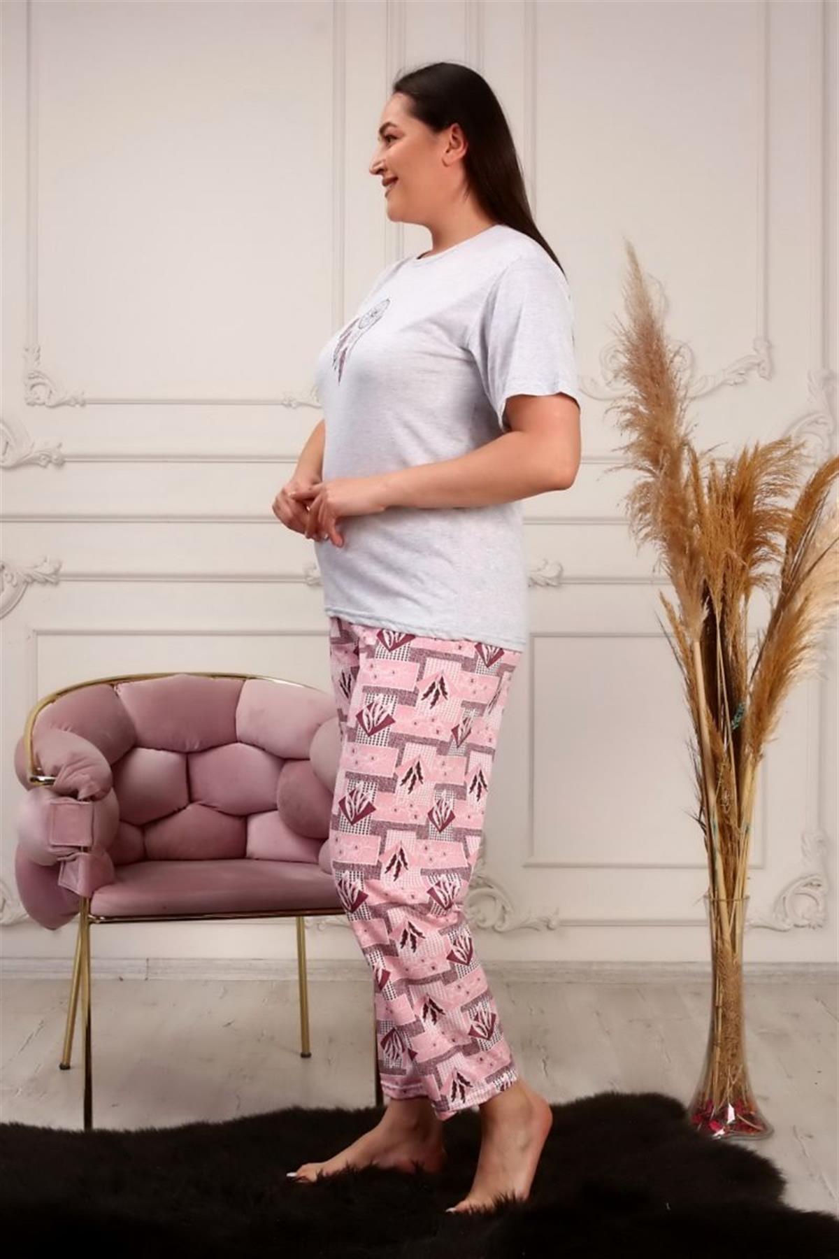 Pijama Takımı Büyük Beden Düşkapanı Baskılı Pijama Takımı Gri