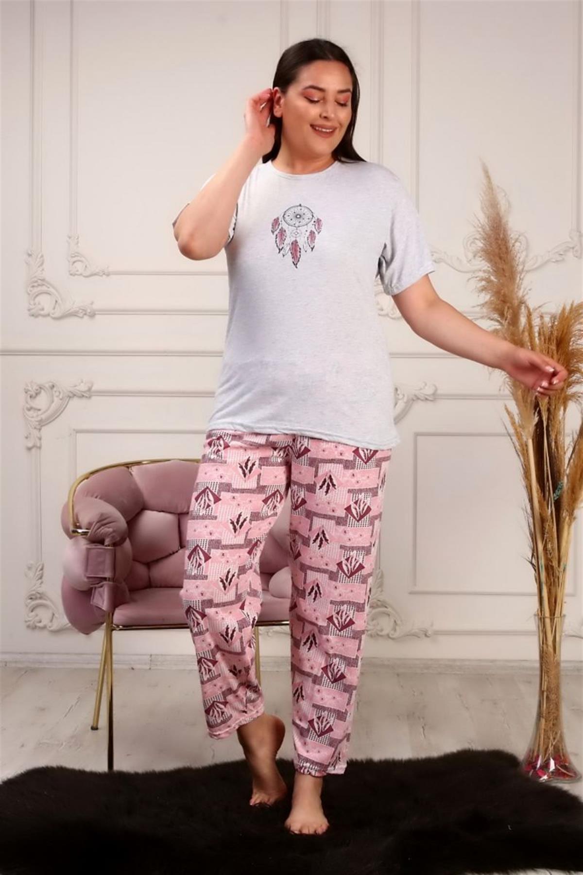 Pijama Takımı Büyük Beden Düşkapanı Baskılı Pijama Takımı Gri