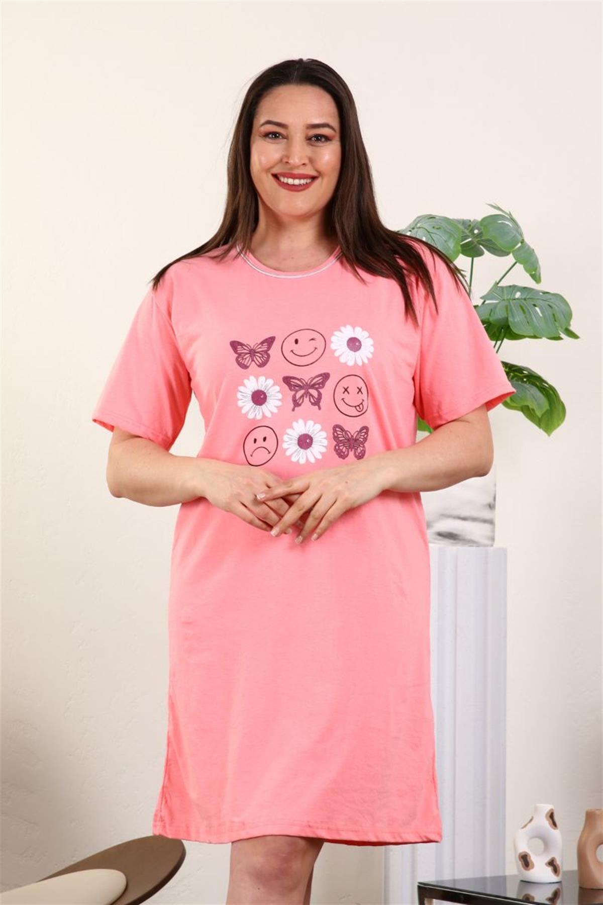 Gecelik Büyük Beden Emoji Baskılı Kısa Kol Gecelik Pembe
