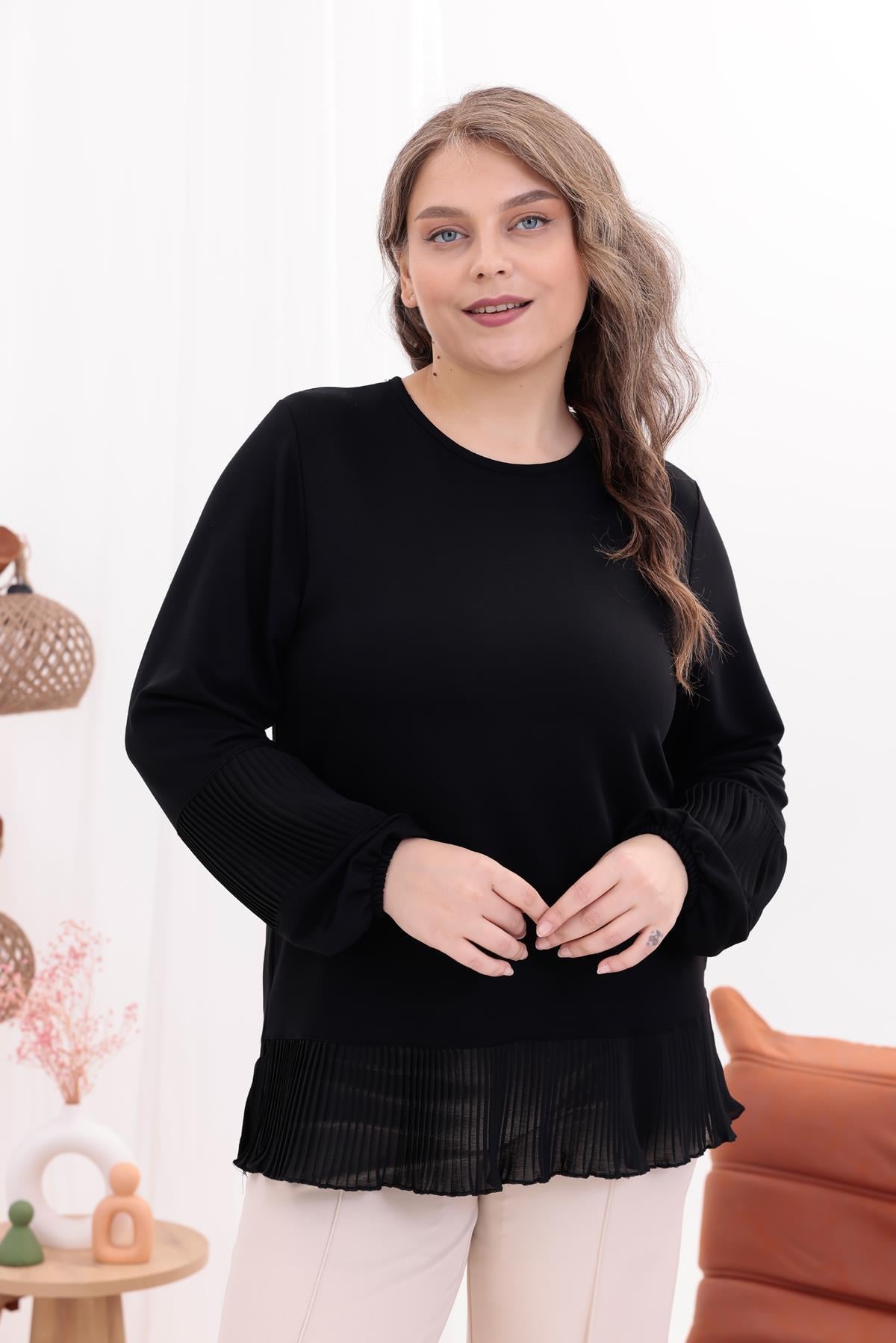 Uzun Kol Bluz Büyük Beden Etekleri Piliseli Şık Bluz