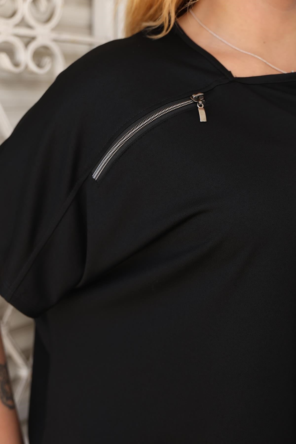 Kısa Kol Bluz Büyük Beden Fermuar Detaylı Oversize Bluz